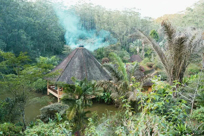 Framed Print : Tropical resort, smoke rising, Madagascar, Africa. Andasibe, Analamazaotra. Vakona lodge Framed Print : Tropical resort, smoke rising, Madagascar, Africa. Andasibe, Analamazaotra. Vakona lodge