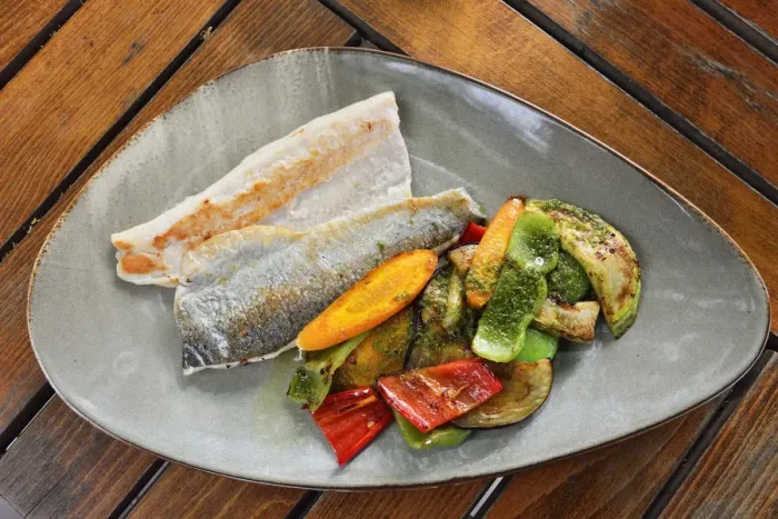 Framed Print : Trout fillet with vegetables. Sofia, Bulgaria Framed Print : Trout fillet with vegetables. Sofia, Bulgaria