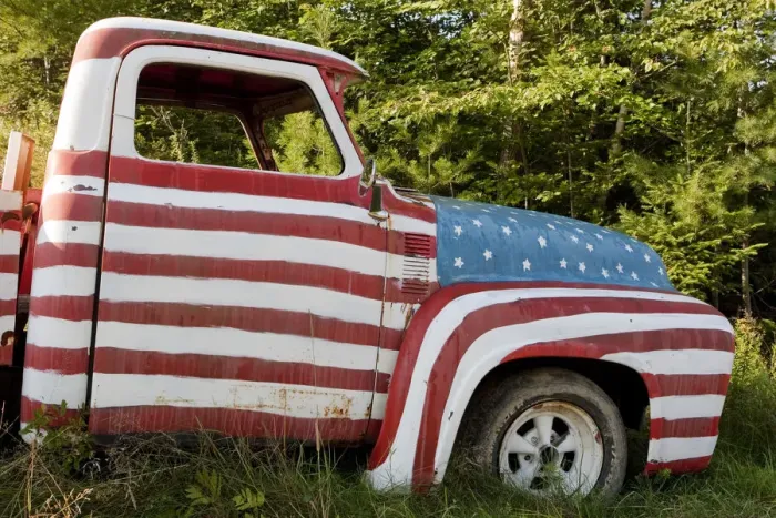 Framed Print : A truck painted with the US flag on a roadside in New Hampshire, USA