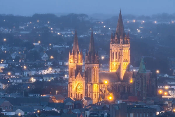 Truro Cathedral in the mist at night, Truro, Cornwall, England