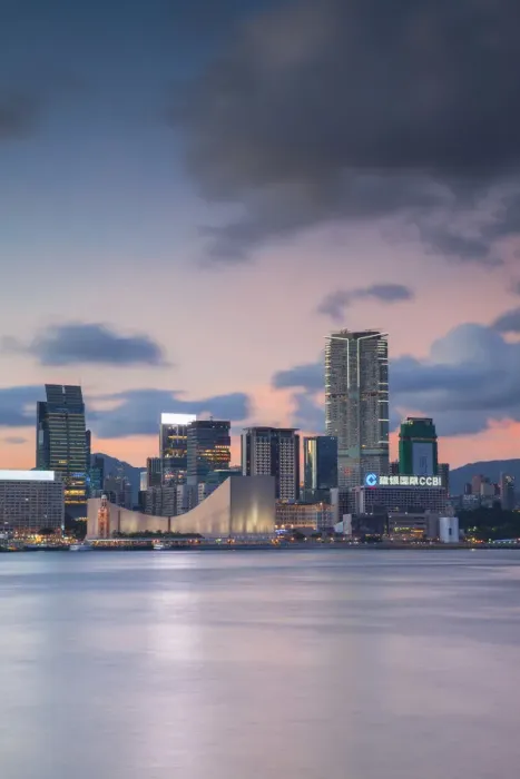 Framed Print : Tsim Sha Tsui skyline at sunset, Kowloon, Hong Kong Framed Print : Tsim Sha Tsui skyline at sunset, Kowloon, Hong Kong