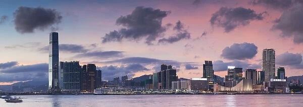 Tsim Sha Tsui and West Kowloon skyline at sunset, Kowloon, Hong Kong