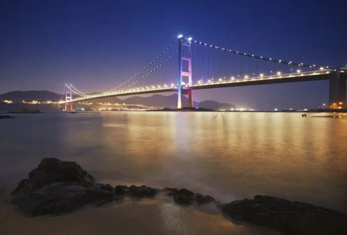 Framed Print : Tsing Ma bridge at dusk, Ma Wan, Hong Kong, China Framed Print : Tsing Ma bridge at dusk, Ma Wan, Hong Kong, China