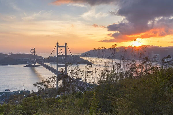 Tsing Ma Bridge at sunset, Tsing Yi, Hong Kong, China