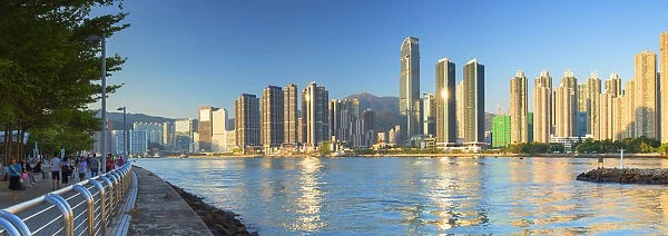 Tsing Yi Promenade and skyline of Tsuen Wan with Nina Tower, Tsuen Wan, Hong Kong, China