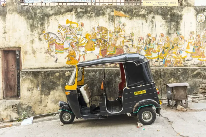 Framed Print : Tuk-tuk and wall mural, Udaipur, Rajasthan, India Framed Print : Tuk-tuk and wall mural, Udaipur, Rajasthan, India