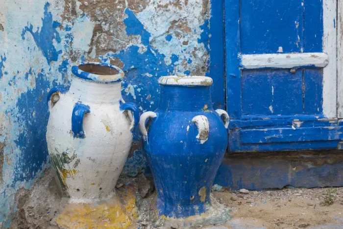 Framed Print : Tunisia, Bizerte, Medina, Earthenware pots outside house Framed Print : Tunisia, Bizerte, Medina, Earthenware pots outside house