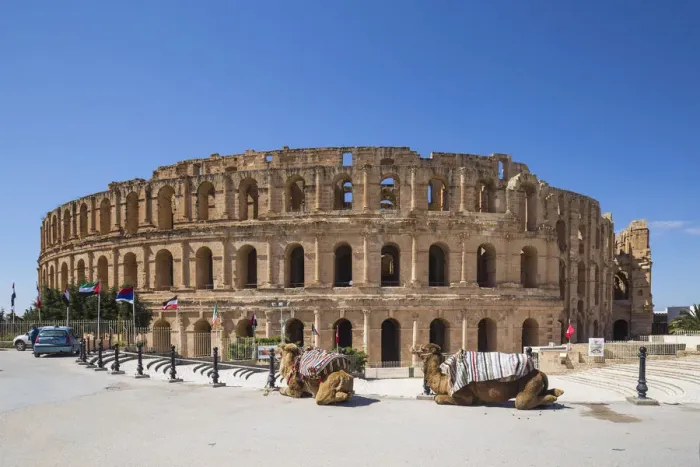 Framed Print : Tunisia, El Jem, Camels in front of Roman Amphitheatre