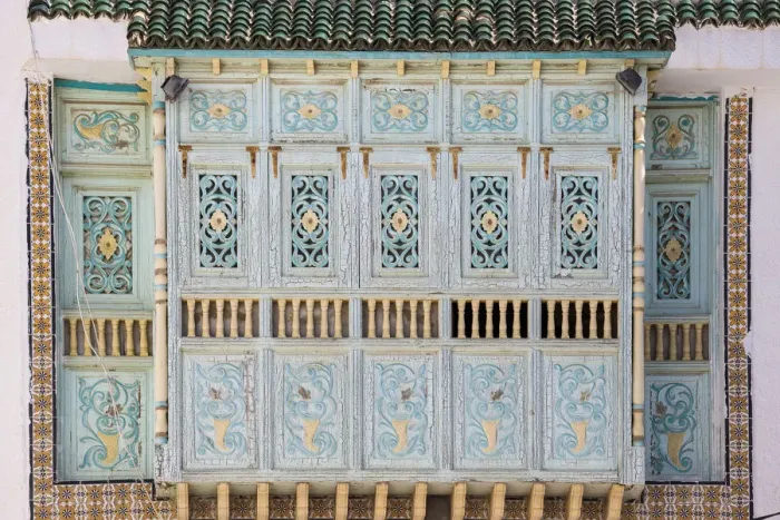 Framed Print : Tunisia, Kairouan, Decorative wooden window of house in the Madina