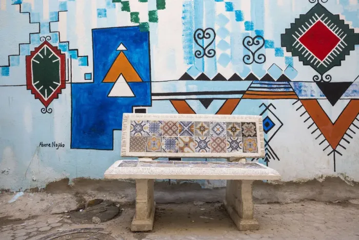 Framed Print : Tunisia, Kairouan, Madina, A colourful tiled bench Framed Print : Tunisia, Kairouan, Madina, A colourful tiled bench