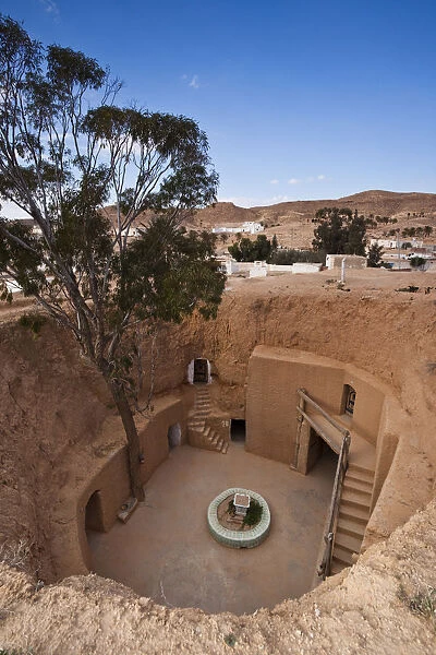 Tunisia, Ksour Area, Matmata, elevated view of underground buildings