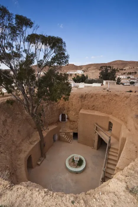 Framed Print : Tunisia, Ksour Area, Matmata, elevated view of underground buildings Framed Print : Tunisia, Ksour Area, Matmata, elevated view of underground buildings