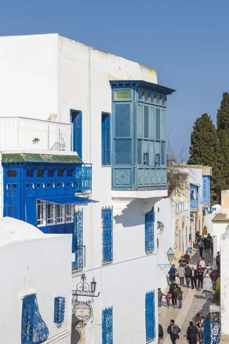 Framed Print : Tunisia, Main street in the Picturesque whitewashed village of Sidi Bou Said Framed Print : Tunisia, Main street in the Picturesque whitewashed village of Sidi Bou Said