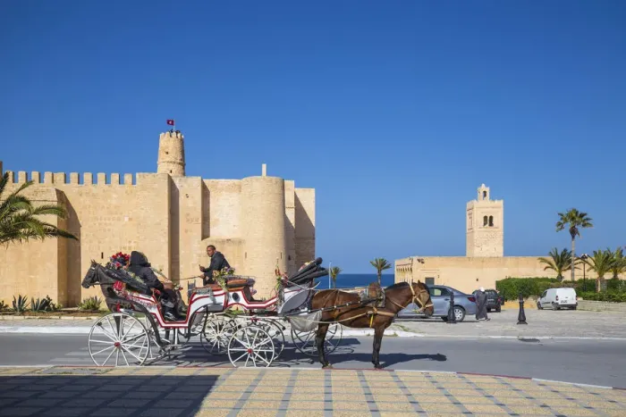 Framed Print : Tunisia, Monastir, Horse and cart ouside Fort