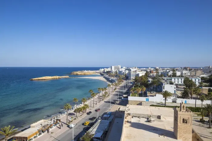 Framed Print : Tunisia, Monastir, View of corniche and Mosque minaret Framed Print : Tunisia, Monastir, View of corniche and Mosque minaret