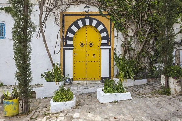 Tunisia, Picturesque whitewashed village of Sidi Bou Said, Yellow door
