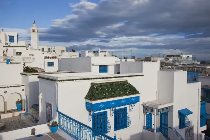 Framed Print : Tunisia, Sidi Bou Said, elevated town view Framed Print : Tunisia, Sidi Bou Said, elevated town view