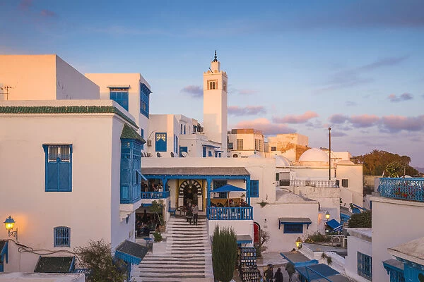 Tunisia, Sidi Bou Said, View of Cafe El Alia and Sidi Bou Said Mosque