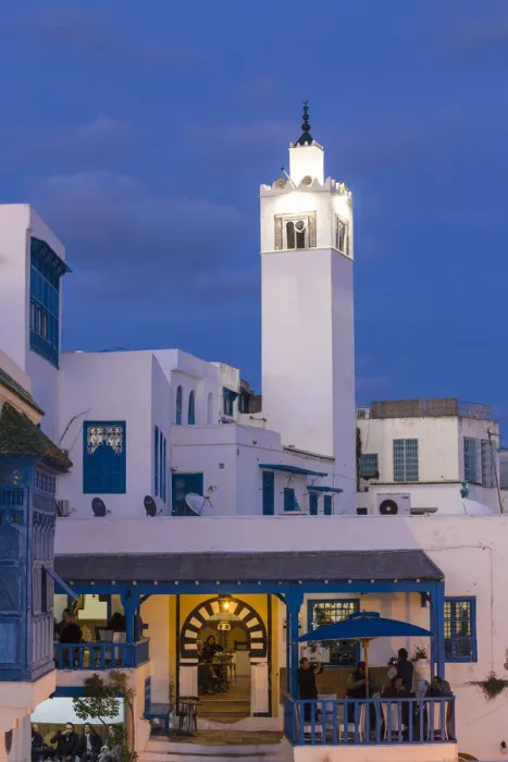 Framed Print : Tunisia, Sidi Bou Said, View of Cafe El Alia and Sidi Bou Said Mosque Framed Print : Tunisia, Sidi Bou Said, View of Cafe El Alia and Sidi Bou Said Mosque