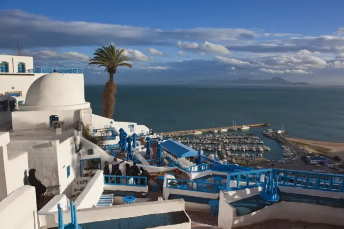 Framed Print : Tunisia, Sidi Bou Said, view towards Cafe Sidi Chabaane Framed Print : Tunisia, Sidi Bou Said, view towards Cafe Sidi Chabaane