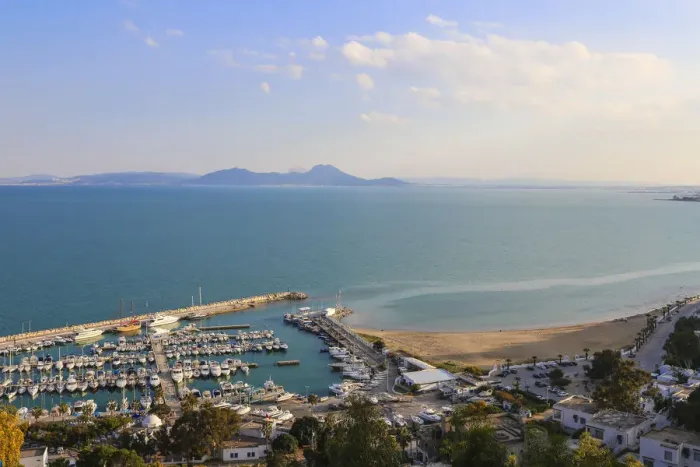 Framed Print : Tunisia, Sidi Bou Said, View of Sidi Bou Said marina Framed Print : Tunisia, Sidi Bou Said, View of Sidi Bou Said marina