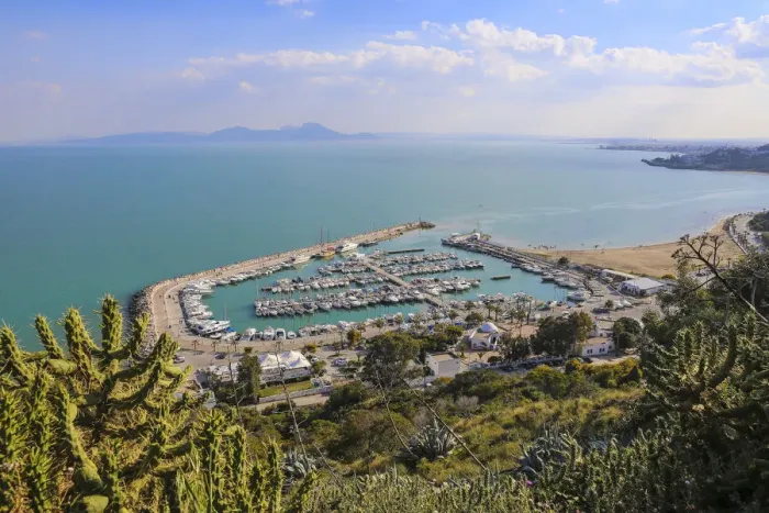 Framed Print : Tunisia, Sidi Bou Said, View of Sidi Bou Said marina Framed Print : Tunisia, Sidi Bou Said, View of Sidi Bou Said marina