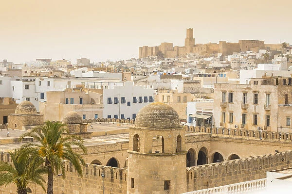 Tunisia, Sousse, View of Great Mosque across madina towards archaeological museum