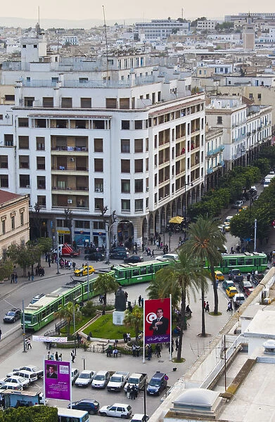 Tunisia, Tunis, Avenue Habib Bourguiba, elevated view towards Place de L Independance