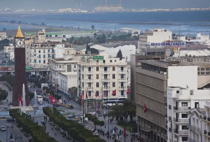 Framed Print : Tunisia, Tunis, Avenue Habib Bourguiba, elevated view towards Place du 7 Novembre