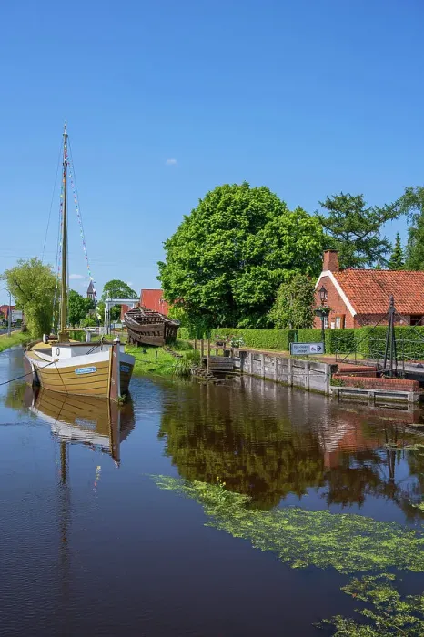 Framed Print : Turf ship in front of the Van-Velen moor and homeland museum, Papenburg, Emsland, Lower Saxony, Germany