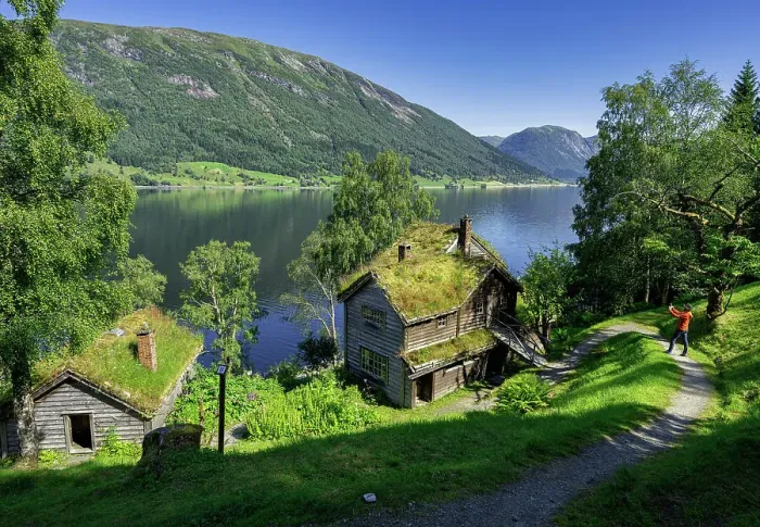 Framed Print : Turist photograp Old farms with grass roof, Astruptunet, Jolster, Sunnfjord, Sogn og Fjordane county, Norway