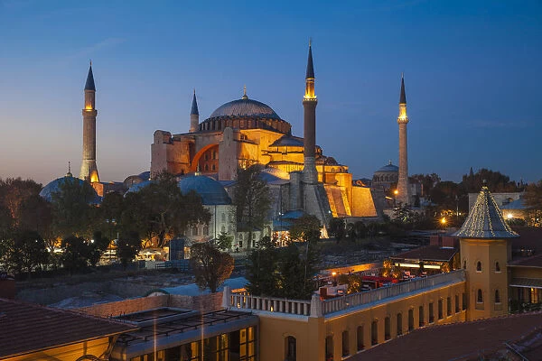 Turkey, Istanbul, View of Four Seasons Hotel roof terrace and Haghia Sophia, - Aya