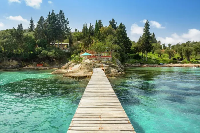 Framed Print : Turquoise sea with jetty, Notos Beach, Corfu Island, Ionian Islands, Ionian Sea, Greece