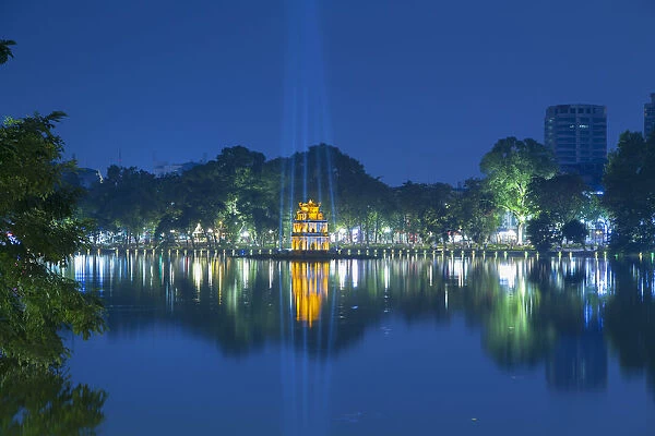 Turtle Tower (Thap Rua) on Hoan Kiem Lake at dusk, Hanoi, Vietnam