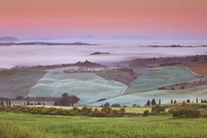 Framed Print : Tuscany landscape with Val d Orcia in fog - Italy, Tuscany, Siena, Val d Orcia Framed Print : Tuscany landscape with Val d Orcia in fog - Italy, Tuscany, Siena, Val d Orcia
