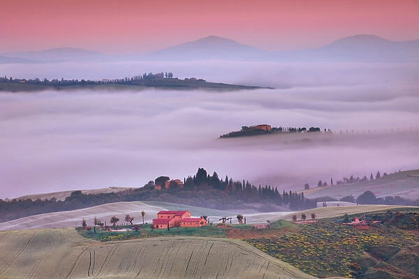 Tuscany landscape with Val d Orcia in fog - Italy, Tuscany, Siena, Val d Orcia