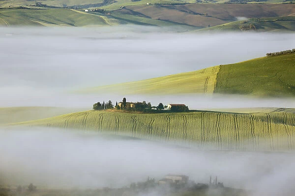 Tuscany landscape with Val d Orcia in fog - Italy, Tuscany, Siena