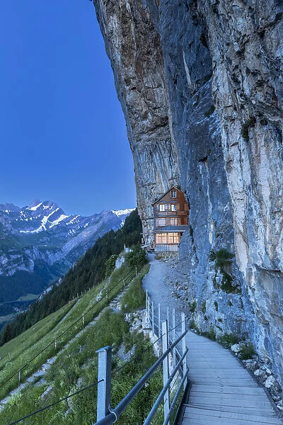 Twilight at Berggasthaus Aescher, Canton of Appenzell, Alpstein, Switzerland, Europe