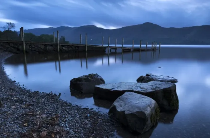 Framed Print : Twilight on the shores of Derwent Water near Ashness Jetty, Lake District, Cumbria, England