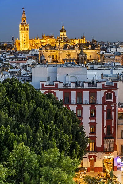 Twilight view over the old town with Cathedral, Seville, Andalusia, Spain