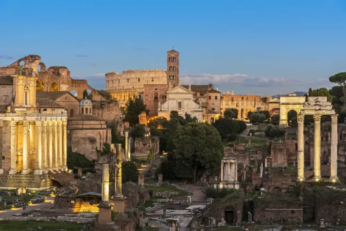 Framed Print : Twilight view of the Roman Forum, Rome, Lazio, Italy Framed Print : Twilight view of the Roman Forum, Rome, Lazio, Italy
