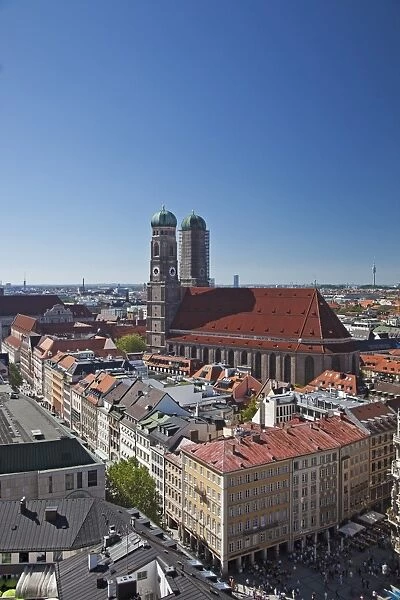 The twin towers of the Munich Frauenkirche and the Marianplatz viewed from the steeple of St