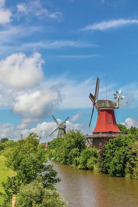 Framed Print : Twin windmills near Greetsiel, East Frisia, Lower Saxony, Germany Framed Print : Twin windmills near Greetsiel, East Frisia, Lower Saxony, Germany