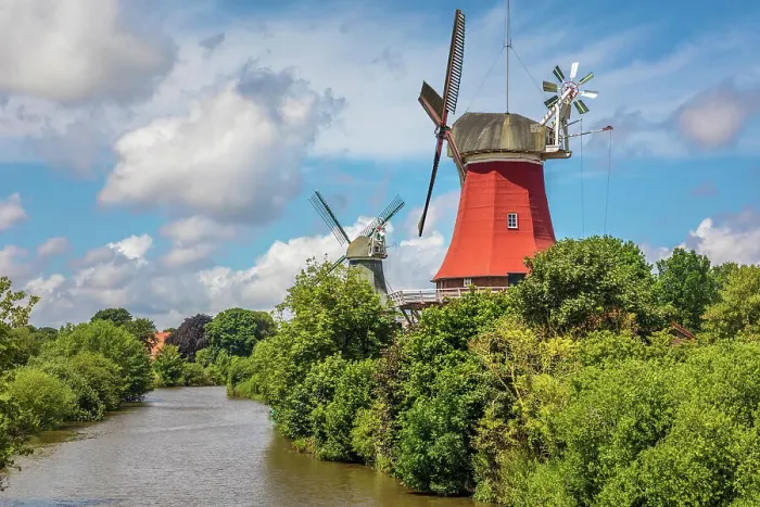 Framed Print : Twin windmills near Greetsiel, East Frisia, Lower Saxony, Germany