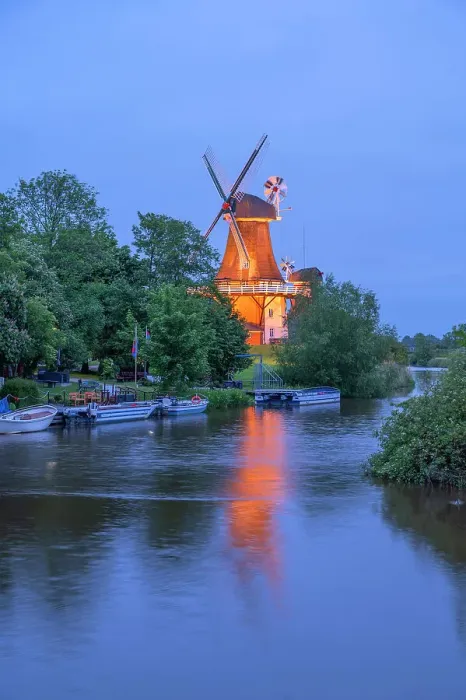Framed Print : Twinmills of Greetsiel at dusk, Krummhorn, East Frisia, Lower Saxony, Germany