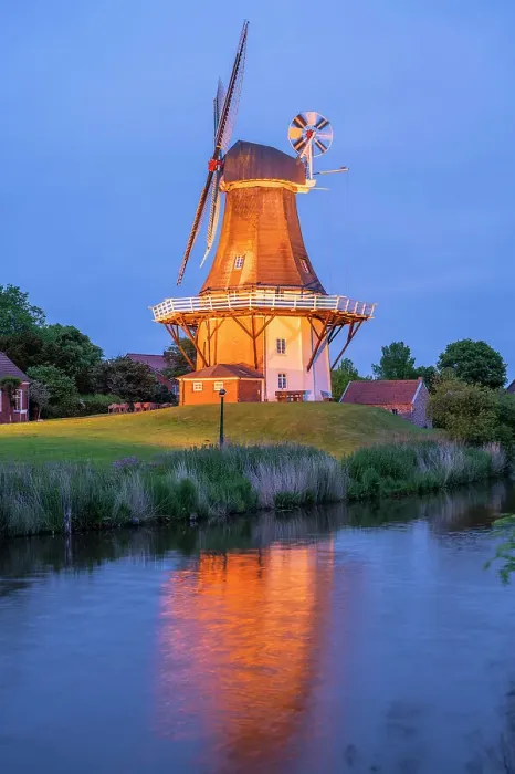 Framed Print : Twinmills of Greetsiel at dusk, Krummhorn, East Frisia, Lower Saxony, Germany