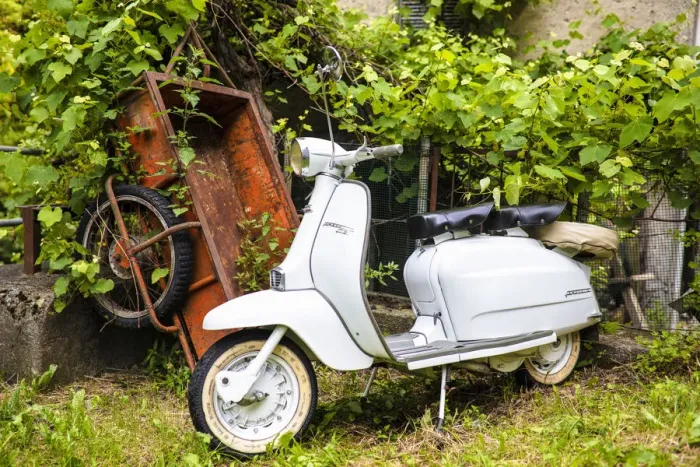 Framed Print : Two-seater Lambretta Innocenti scooter in a courtyard, Morbegno, province of Sondrio Framed Print : Two-seater Lambretta Innocenti scooter in a courtyard, Morbegno, province of Sondrio