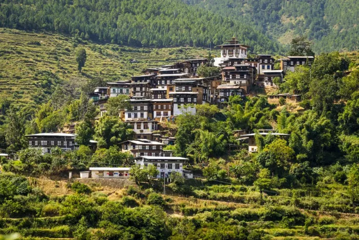 Framed Print : Typical bhutanese houses with temple on top. Timphu district, Bhutan Framed Print : Typical bhutanese houses with temple on top. Timphu district, Bhutan