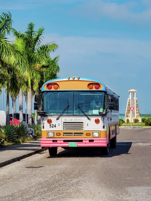 Framed Print : Typical Blue Bird Bus at the street of Belize City, Belize District, Belize Framed Print : Typical Blue Bird Bus at the street of Belize City, Belize District, Belize