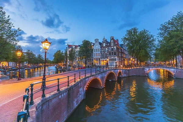 Typical buildings in Amsterdam at dusk, Holland  /  Netherlands